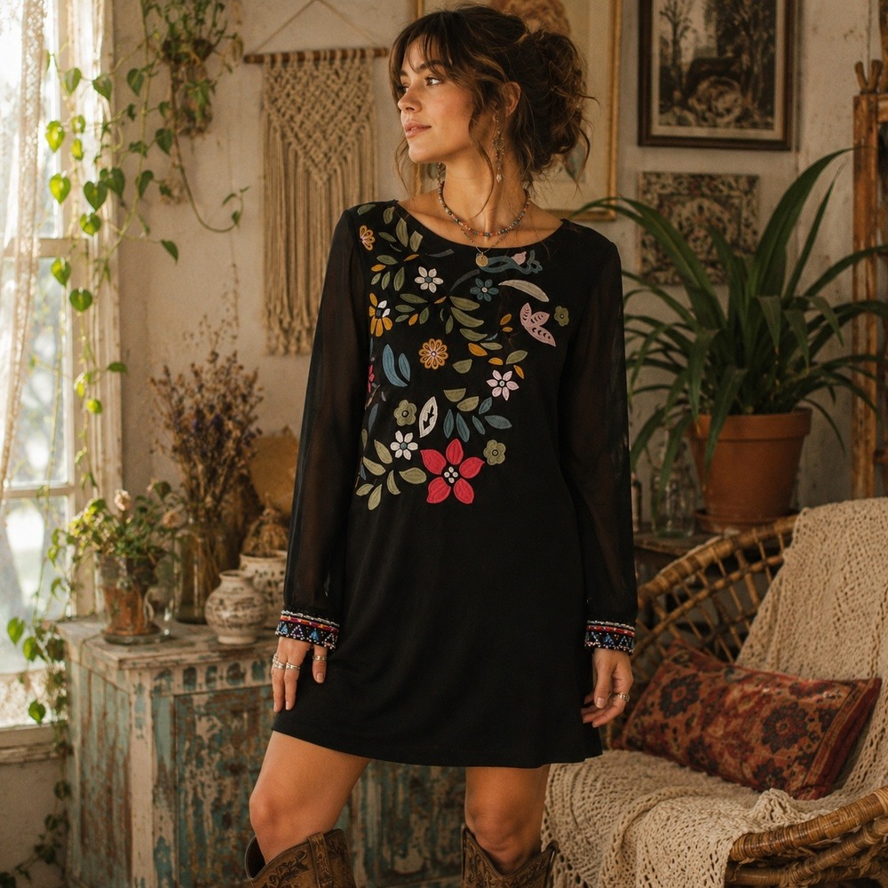 Desigual Artsy Boho Floral Sheath Dress Size EU 40 US 8 Sheer Sleeve Embroidered